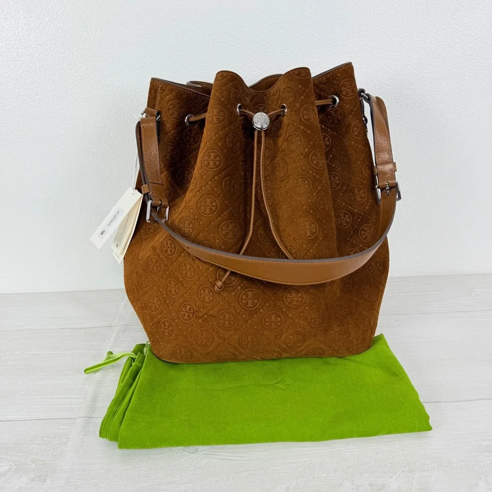 NWT Tory Burch T Monogram Suede Oversized Bucket Bag OS Chicory Brown Drawstring